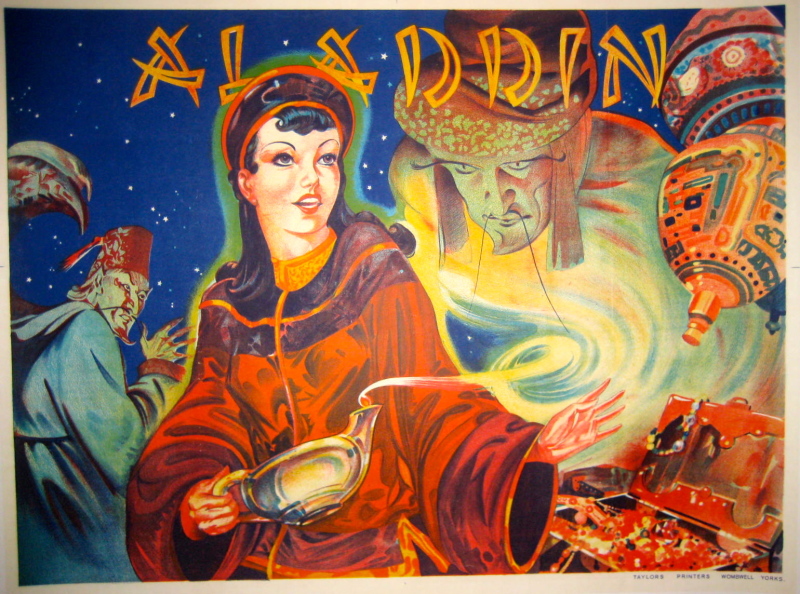 Aladdin pantomime poster with a woman holding a lamp and a gene coming of it