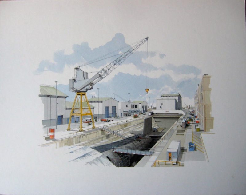 A scottish submarine dock with mechanized crane and warehouses