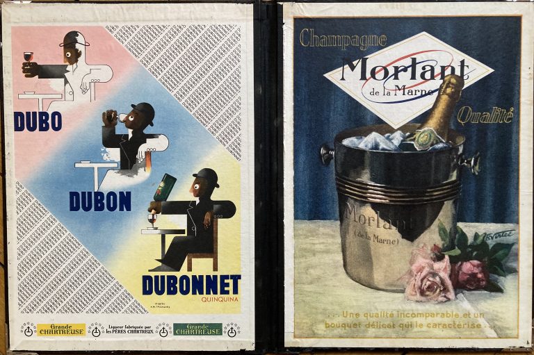 dubo dubon dubonnet menu holder; three different images of men drinking dubonnet and bottle of champagne