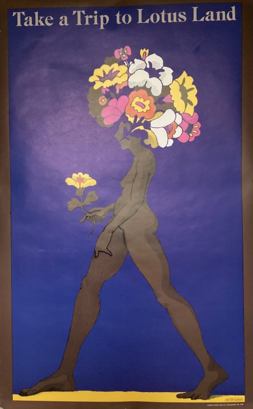 Lotus Land poster; Girl holding flower, her hair made of flowers, blue background