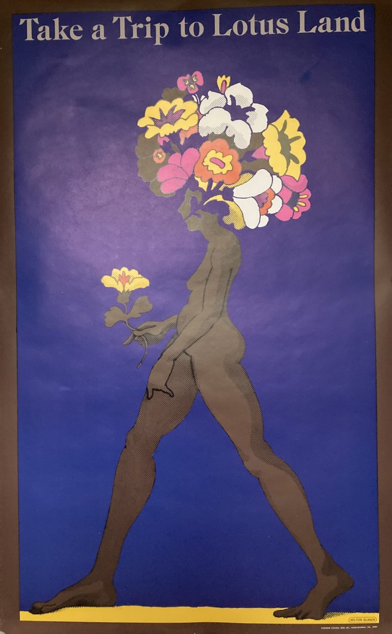 Lotus Land poster; Girl holding flower, her hair made of flowers, blue background