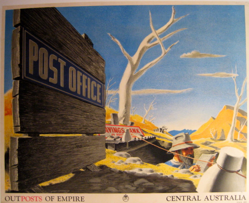 Central Australia poster; A miner emerges from below ground in front of a Post Office sign