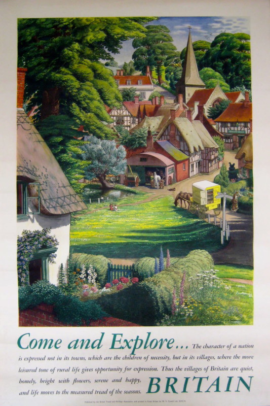 a quaint verdant town with houses with thatched roofs and gardens