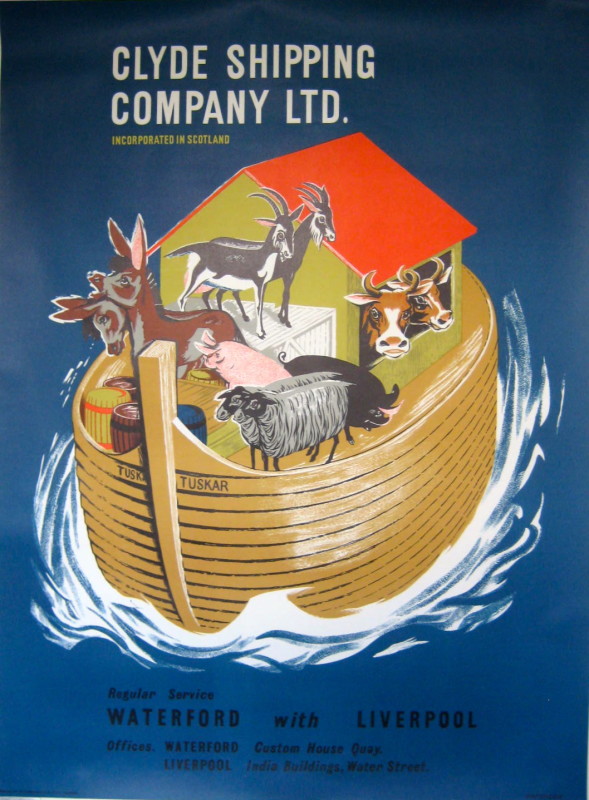 Clyde Shipping company poster with Noah's Ark with animals, sailing on bright blue sea