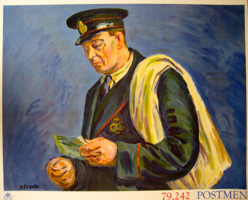 A postman holding a letter with a bag on his shoulder