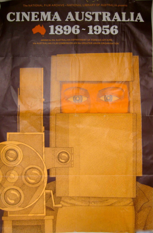 Cinema Australia 1896 - 1956 poster; Woman eyes looking at film through viewfinder screen yellow/brown against darker brown background