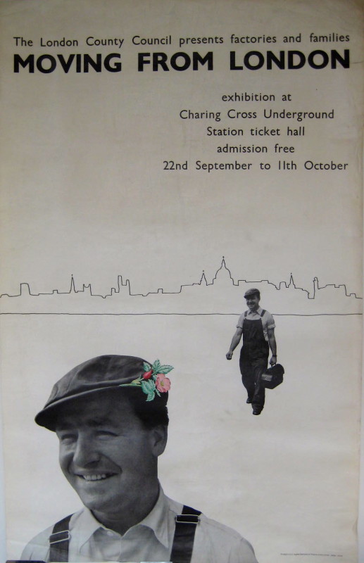 two views of the same man, one far away of him walking and one close up with flowers in his cap; city skyline in the distance