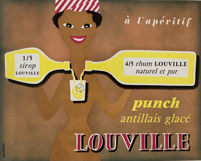 Card sign for Rhum Louville; Girl making a rhum punch