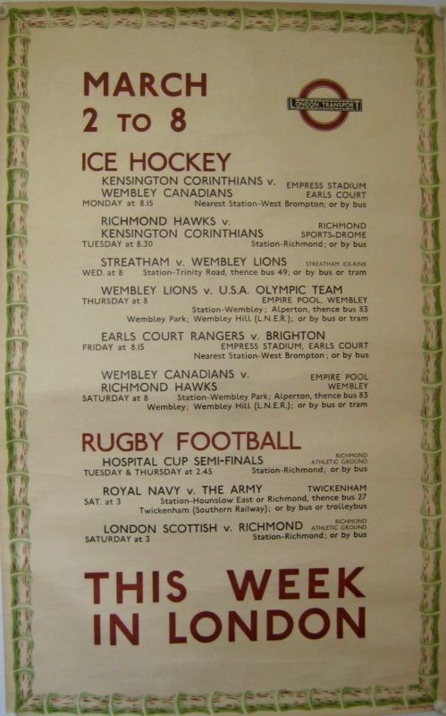 vintage ice hockey and rugby schedule poster