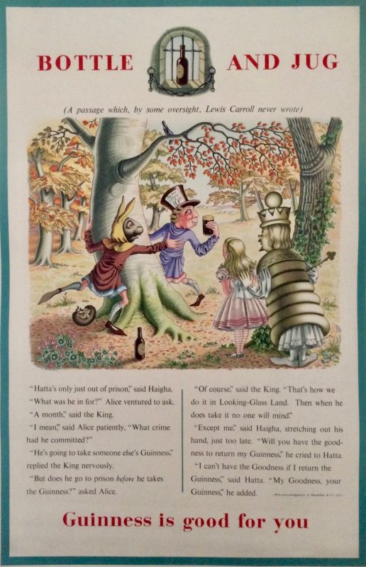 Advertising poster for Guinness with Alice in Wonderland scene with Alice, the Mad Hatter and the March Hare.