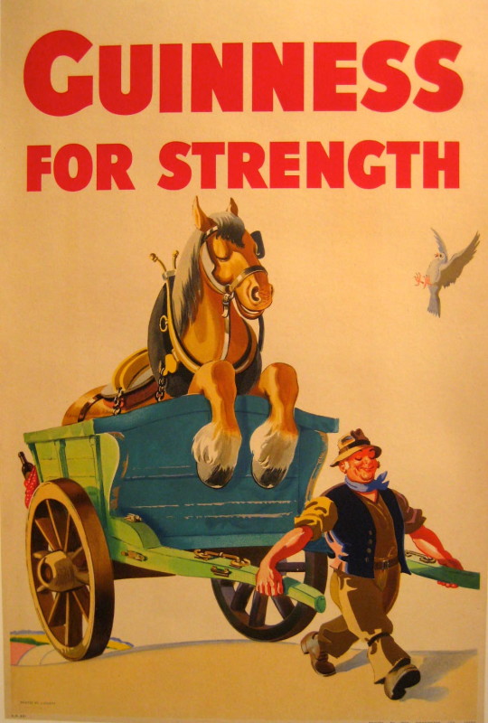 Guinness for Strength poster with man pulling a cart with a horse in it