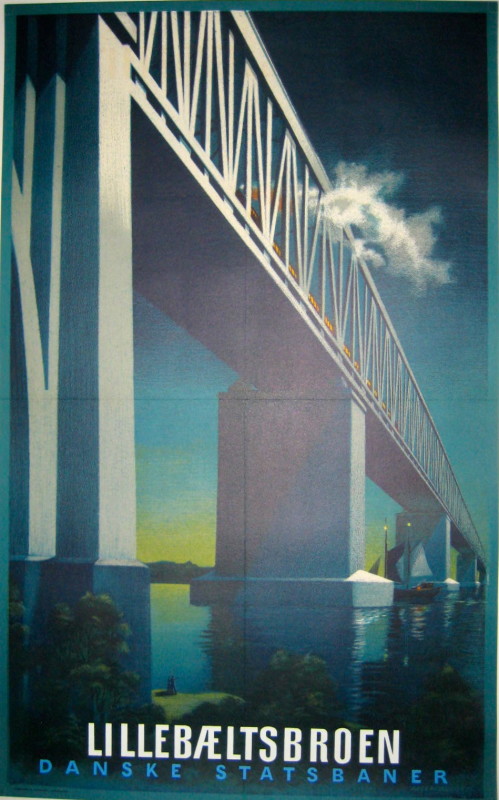 Little Belt Bridge Danish State Railways poster with a Train crossing bridge