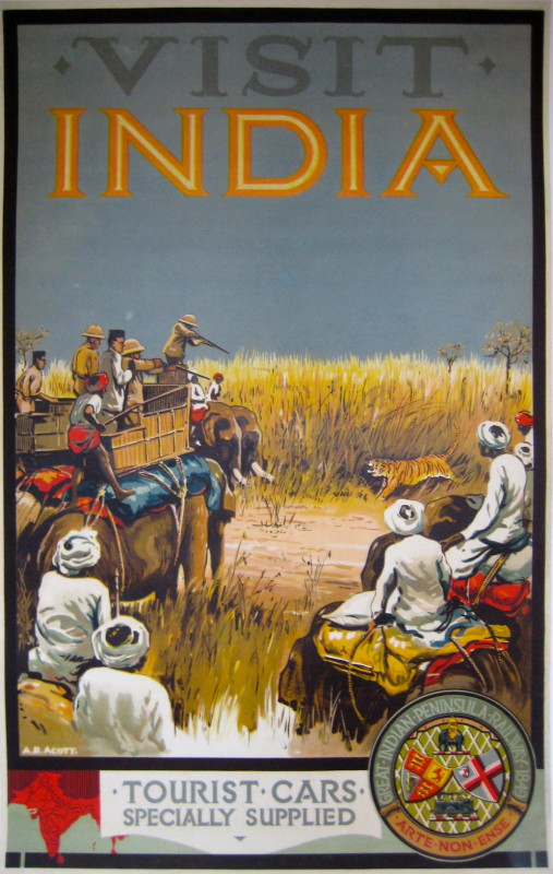 Visit India travel poster with people on elephants in the road