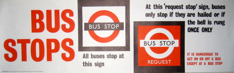 Bus Stops advertising poster, Text in red and black on white ground, two pictorial squares.