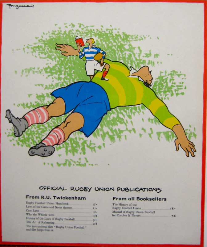 Cartoon of a small rugby player reading a book while on the chest of a larger rugby player lying in the field