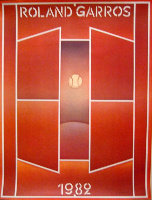 Roland Garros tennis 1982 poster with red shapes and tennis ball