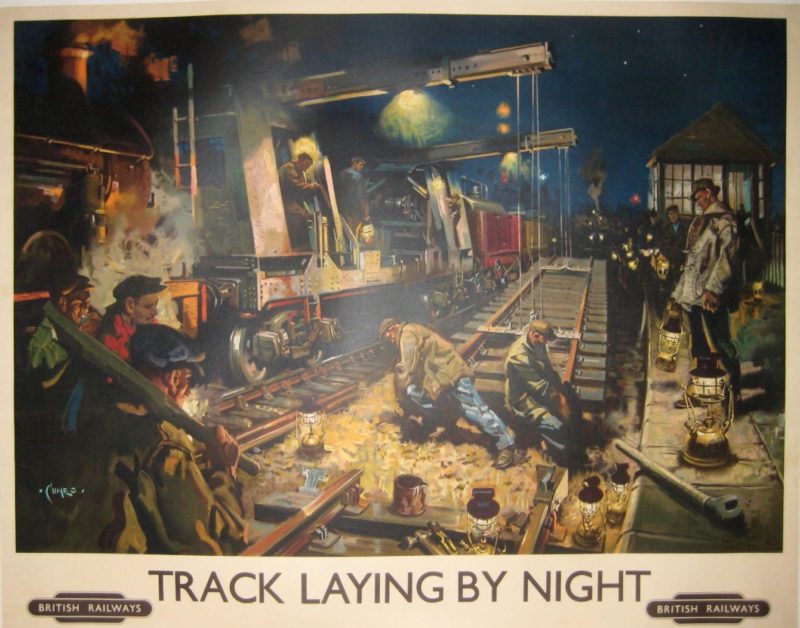 British railways poster with workers laying tracks at night