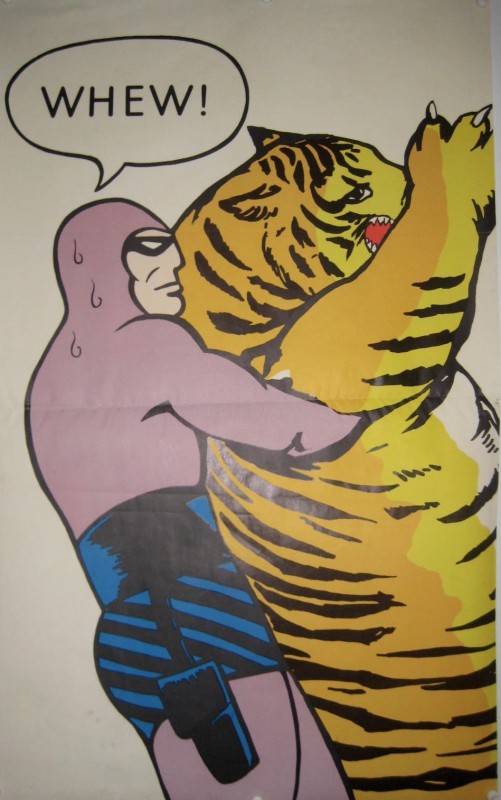 A comic with a super hero holding a tiger and saying Whew!