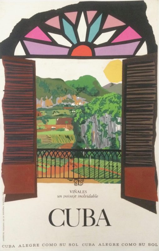 Vintage poster for Cuba showing an open window to a verdant field