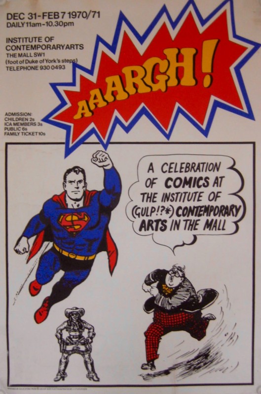 comic with a super hero flying saying aaaarg! and a man running