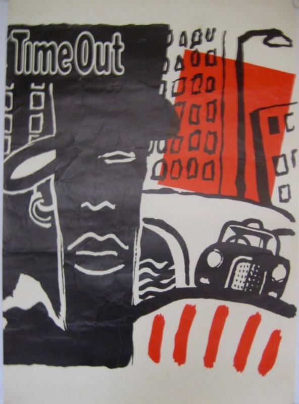 Time Out Magazine poster with a abstract man in a hat with a taxi and buildings