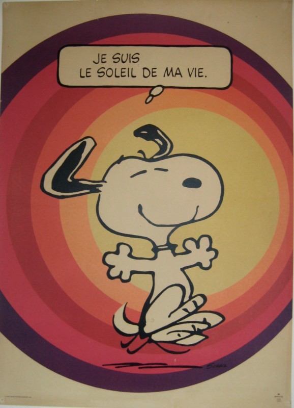 snoopy dog jumping for joy with though bubble that reads je suis le soleil de ma vie