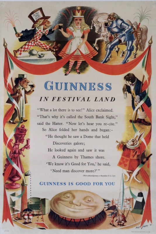 a guinness poster with illustrated characters from the book alice in wonderland in the border