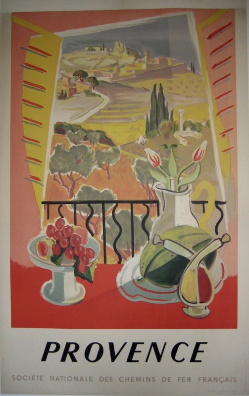 An abstract rendering of an open window looking onto a pastoral view with fruit, flowers, and an oil & vinegar jar in the foreground