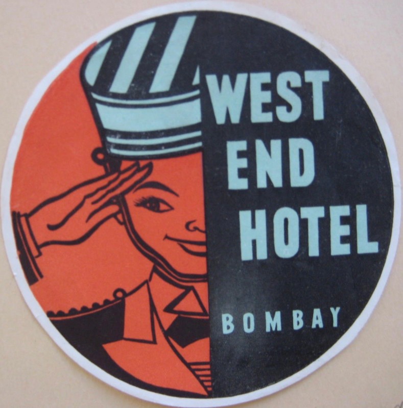 West End Hotel Bombay luggage label with a bellhop saluting