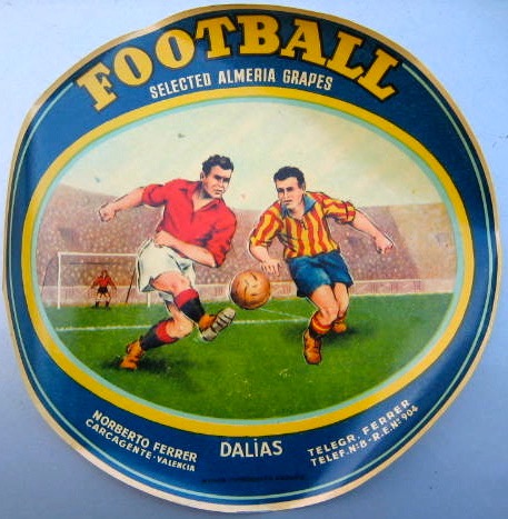 Football selected Almeria grapes round label with an image of men playing football on it