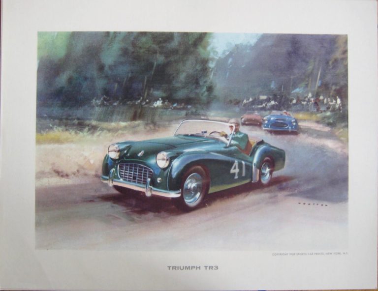 print of a green Triumph car on the road