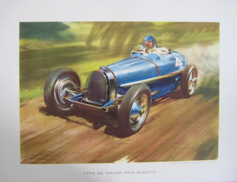 print of a blue bugatti sports car in motion