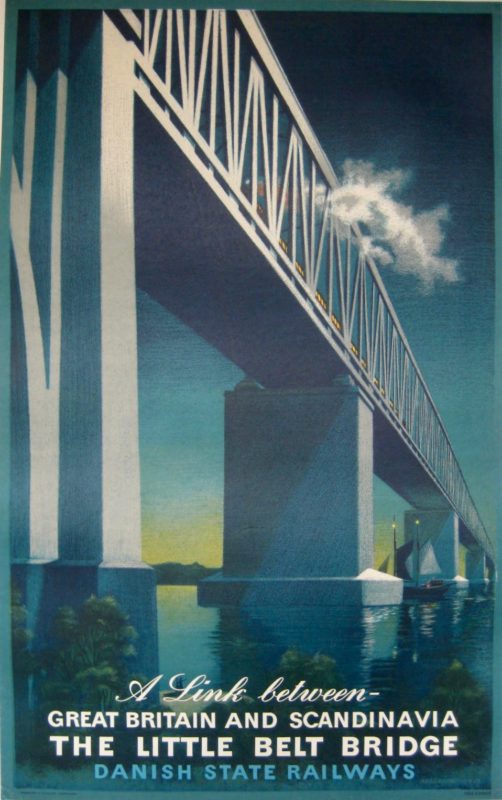 Dansih State Railways poster for Little Belt Bridge with Stylised image of train crossing bridge