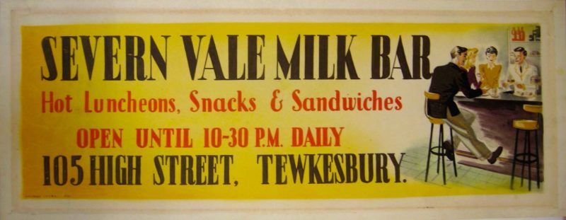 Severn Vale milk bar artwork with customers at milk bar counter, and lettering advertising hot luncheons, snacks and sandwiches.