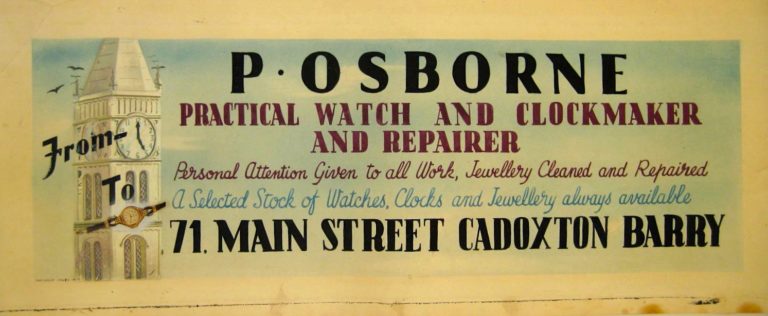 Original Osborne Clocks and Watches artwork with a clock tower