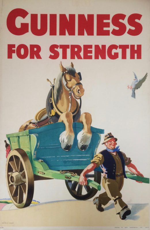 Guinness for Strength poster with man pulling a cart with a horse in it