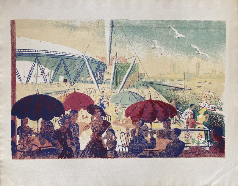 Lithograph for Festival of Britain; View of Festival of Britain site including Skylon