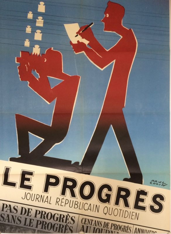 Le Progrès poster with two journalist standing on a headline, one is taking pictures, the other writing on a pad of paper