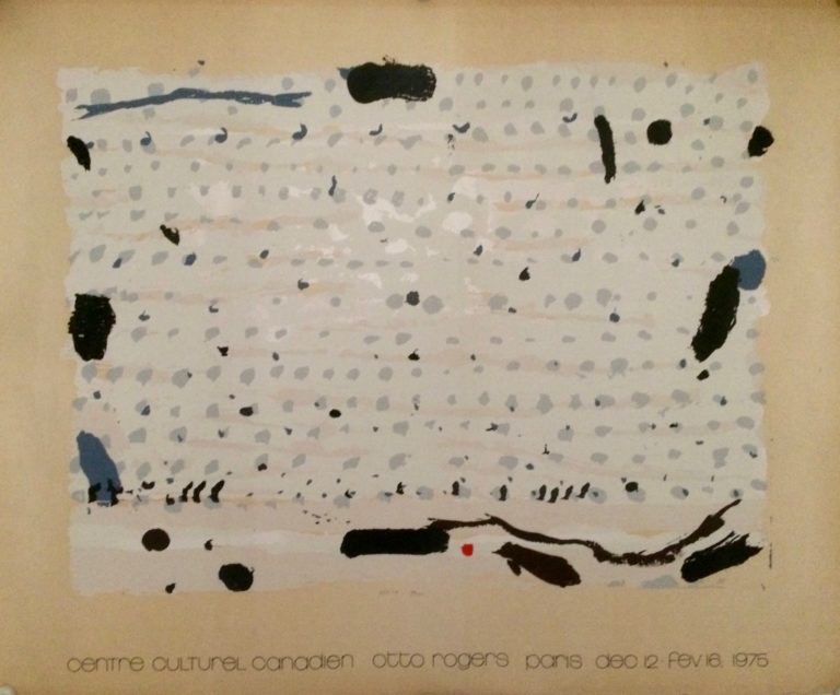 An exhibition poster with abstract art of dots and blotches