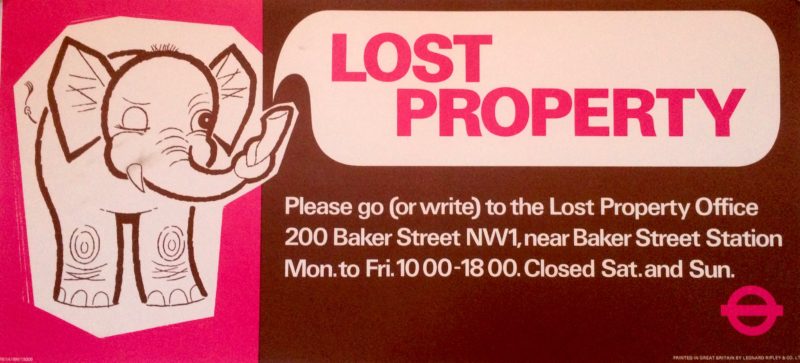 London Transport poster with an elephant with a speech bubble coming out of his trunk with the words LOST PROPERTY