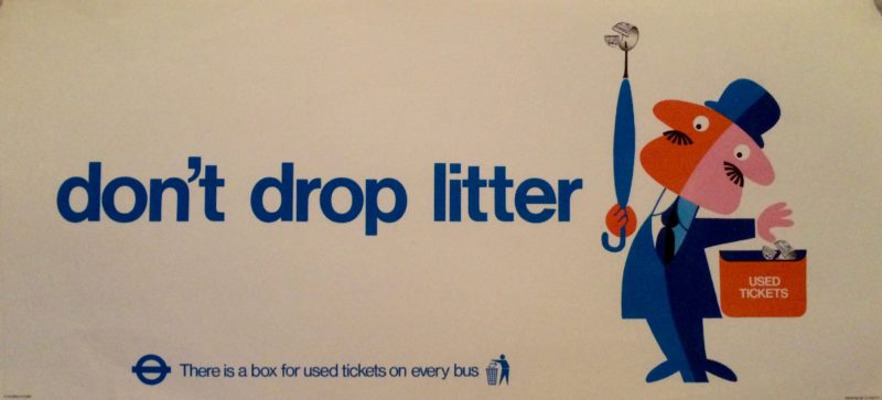 Don't Drop Litter poster; Bowler-hatted man picking up litter with his umbrella