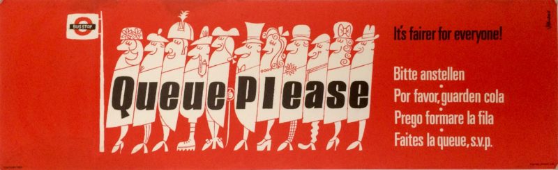 Please queue poster; Red background, queue of people Queue Please in black letters