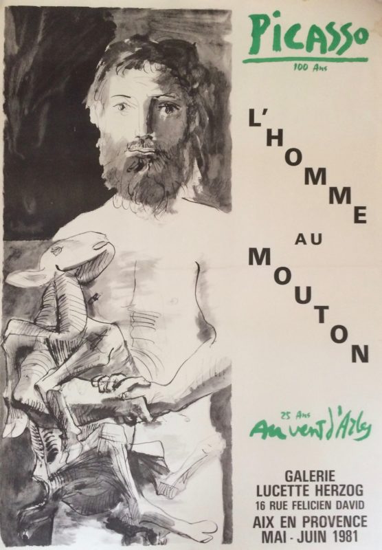 picasso exhibition poster with abstract figure of a man with lamb