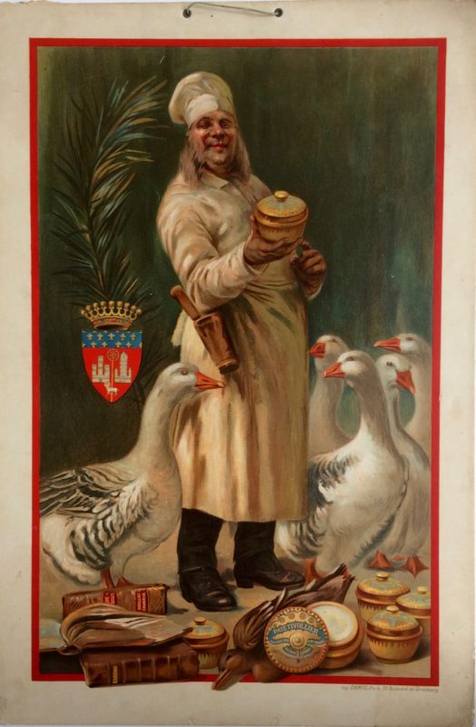 A chef holding a jar surrounded by geese