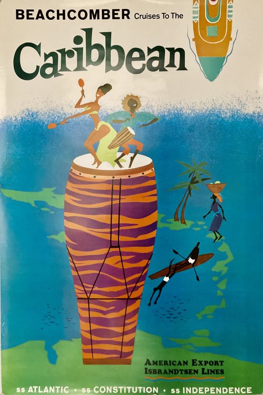 Beachcomber Cruises to the Caribbean; A couple dancing calypso on a drum against a blue sea background, a guy diving from a canoe.