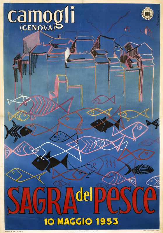 Fish festival Camogli Genova Italy poster with Stylised fish in the sea with buildings of Camogli in the background