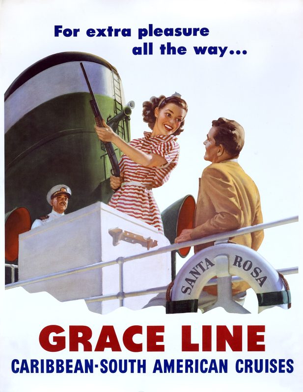 Grace Line cruises poster; Couple on deck of Grace Line ship, funnel in the background. The girl is holding an air rifle.