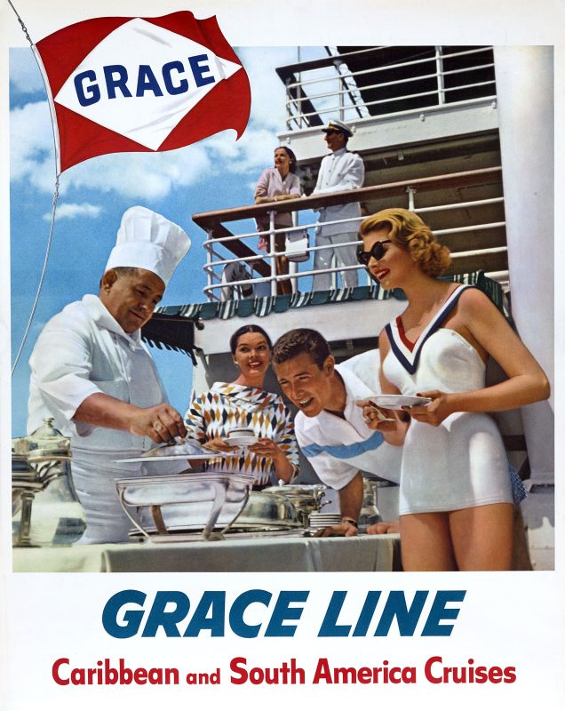 Poster, Grace Line Cruises to the Caribbean and South America; A chef serves barbecue on deck of a Grace Line ship