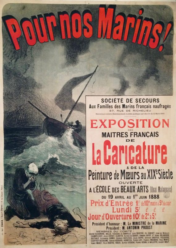 Poster showing tragic scene of drowned man swept to shore with a mourner above him and a sailing ship fighting the winds in the distance