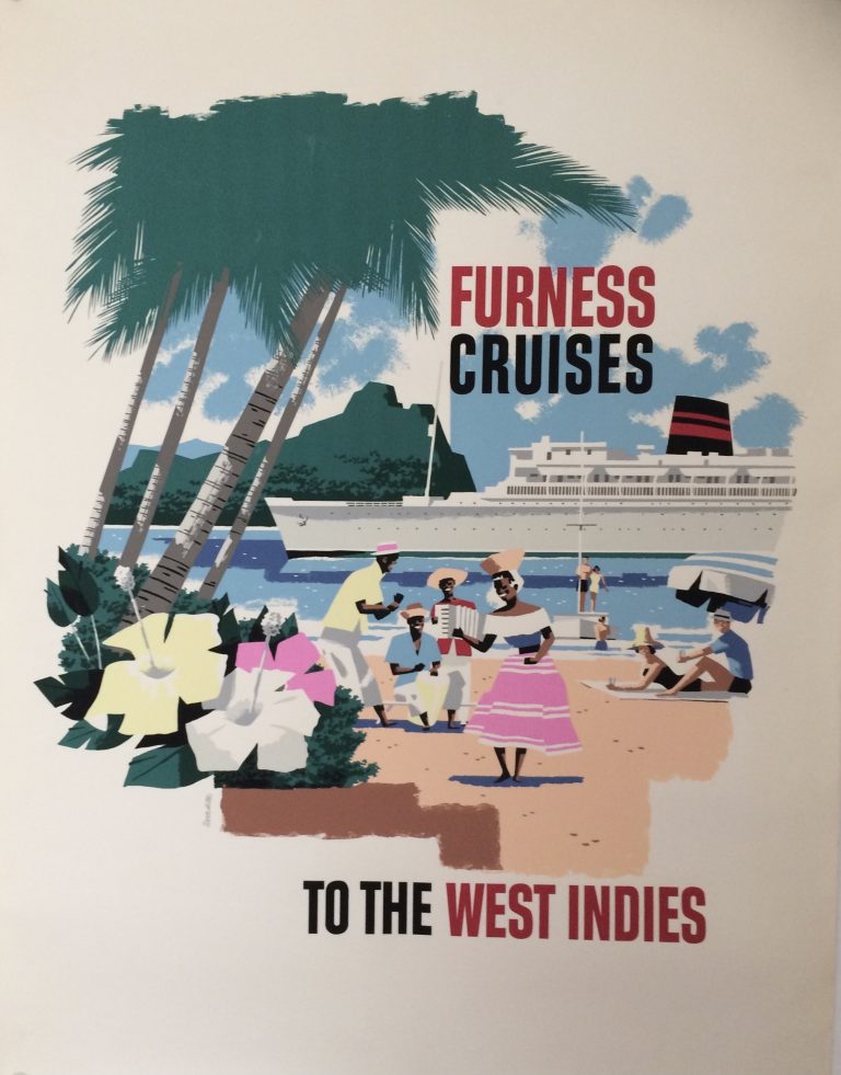 Furness Cruises shipping poster; Group of people on the beach playing music, a dancer and swimmers, sunbathers, with a white cruise liner in the background.